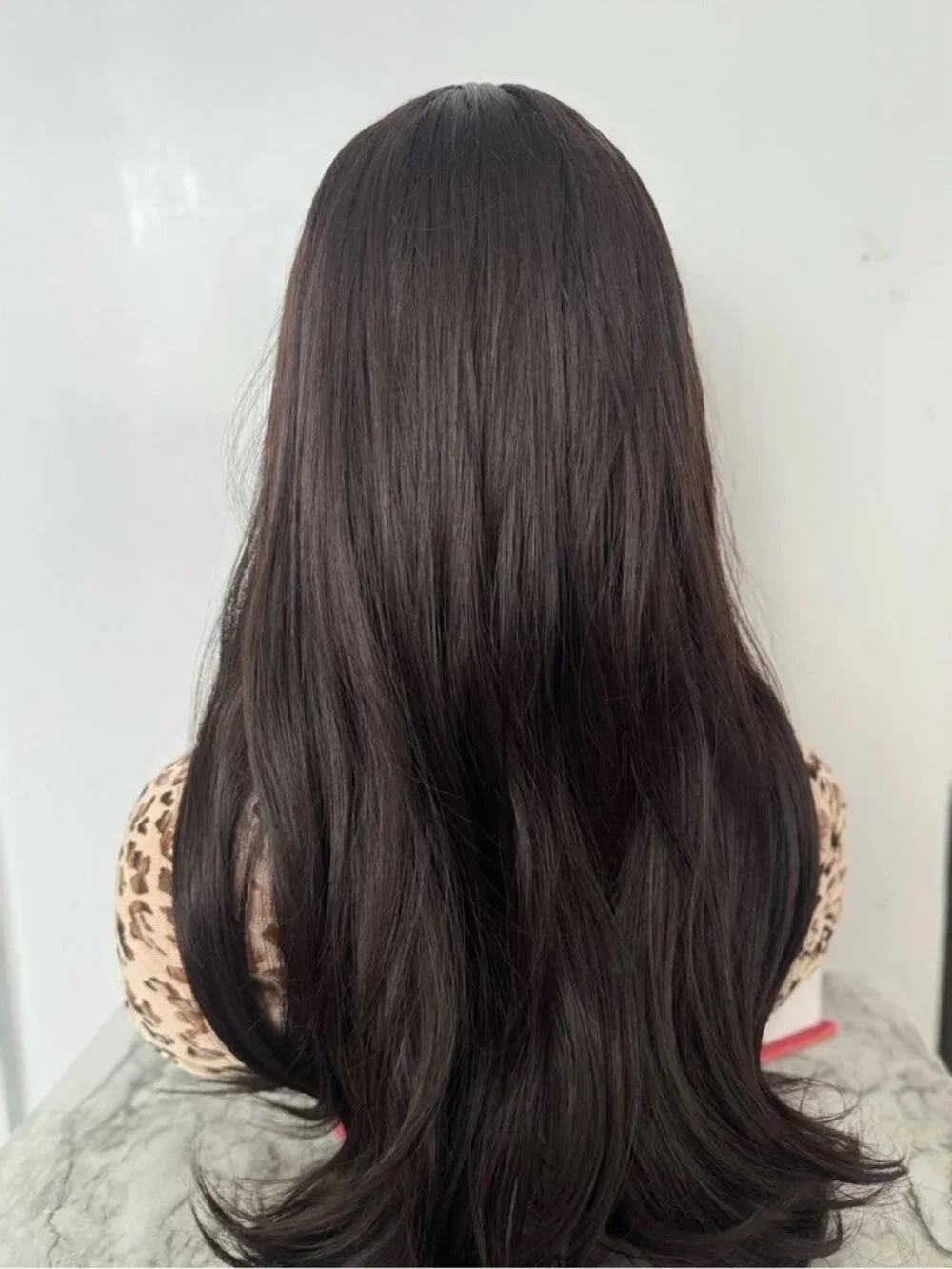 Dark Brown Wig with Bangs Shoulder Length Straight Layered Heat Resistant
